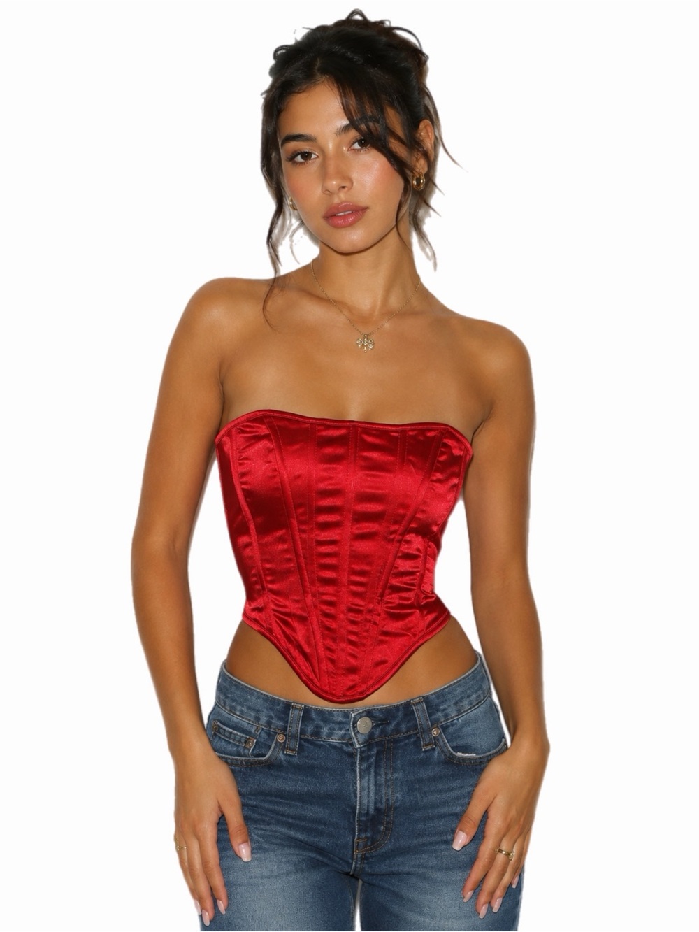 90s/Y2K European Vintage Satin Strapless Boned Stretch Corset Top (Red) Size S